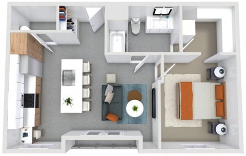 Floor plan for 1 bed, 1 bath, 744 sqft